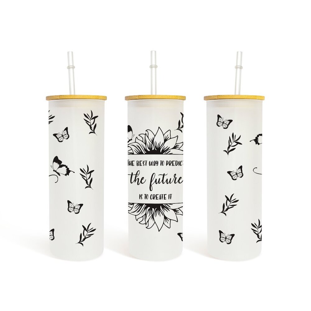 Frosted Glass Tumbler With Glass Straw, Sunflower And Butterflies